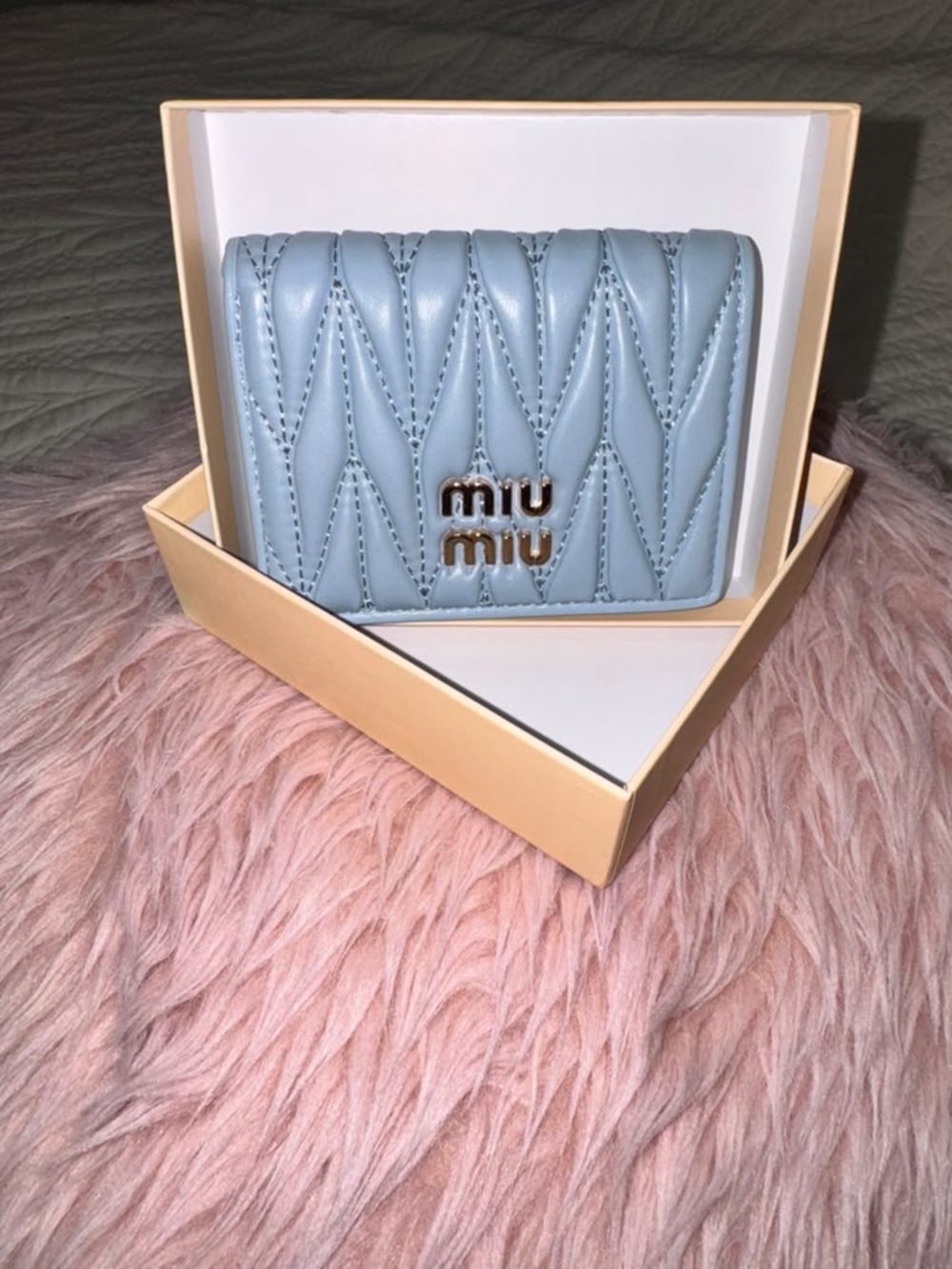 Miu Miu Quilted Pastel Blue Small Leather Wallet with Gold Logo